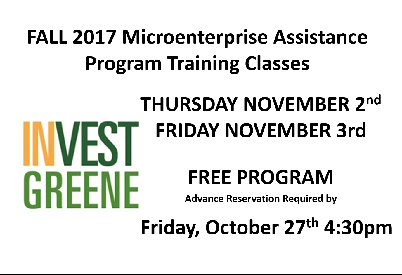 Fall 2017 Microenterprise Assistance Program Training Classes November 2nd & 3rd