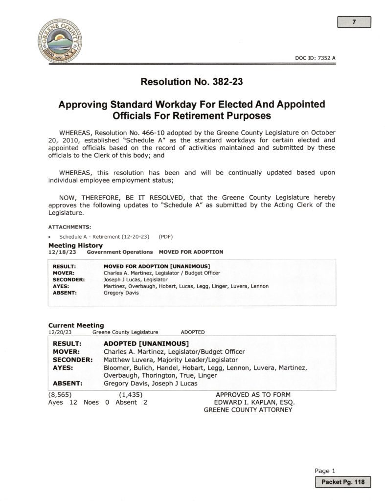 Res. No. 382 23 Approving Standard Workday for Elected and Appointed Officials For Retirement Purposes Page 1